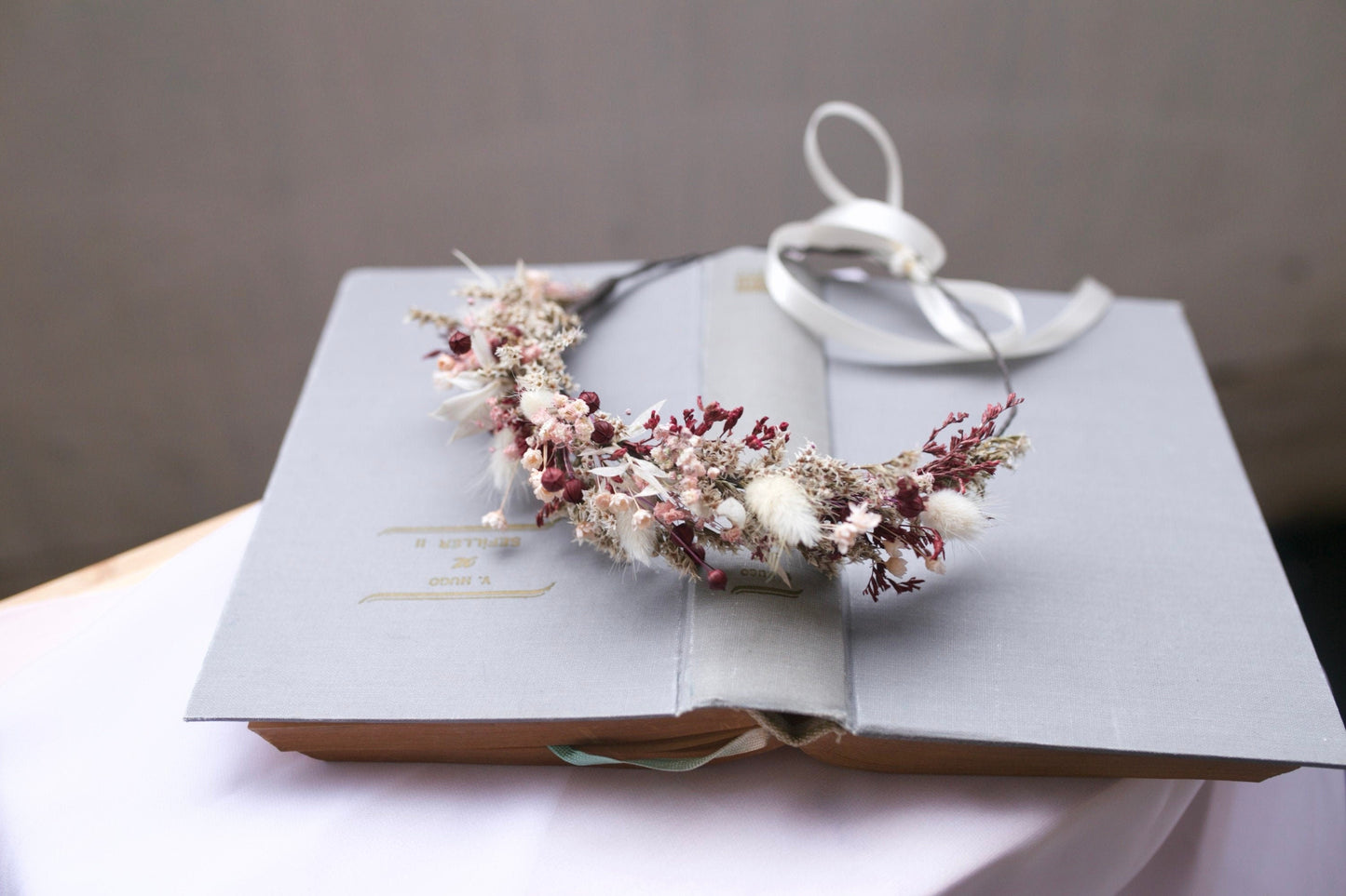 Burgundy Dusty Pink Blush Babies Breath Bohemian Half Crown/ Bridal Rustic Crown/Dried Wildflower Headband/ Maternity Photo-session Prop