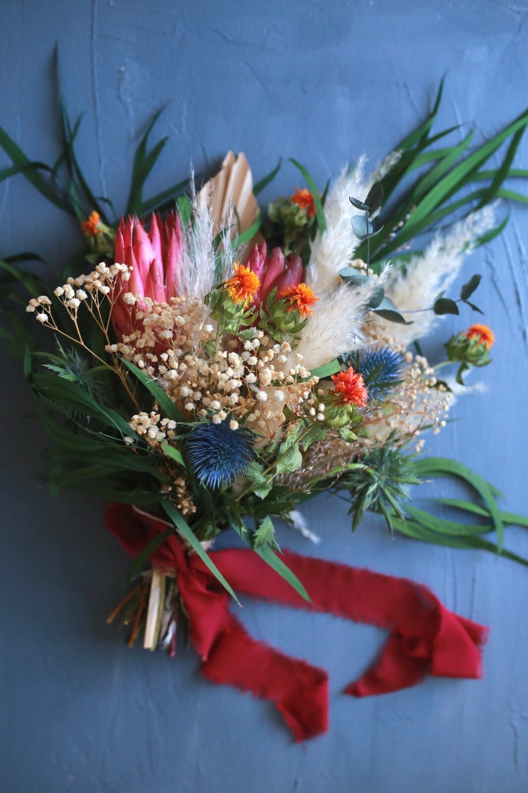 Burgundy and Blue Thistle Orange /Dried Gypsophila Bride Bouquet/ Protea Eucalyptus Wild Wedding Bouquet /Pampas Grass/ Bridesmaids Gift