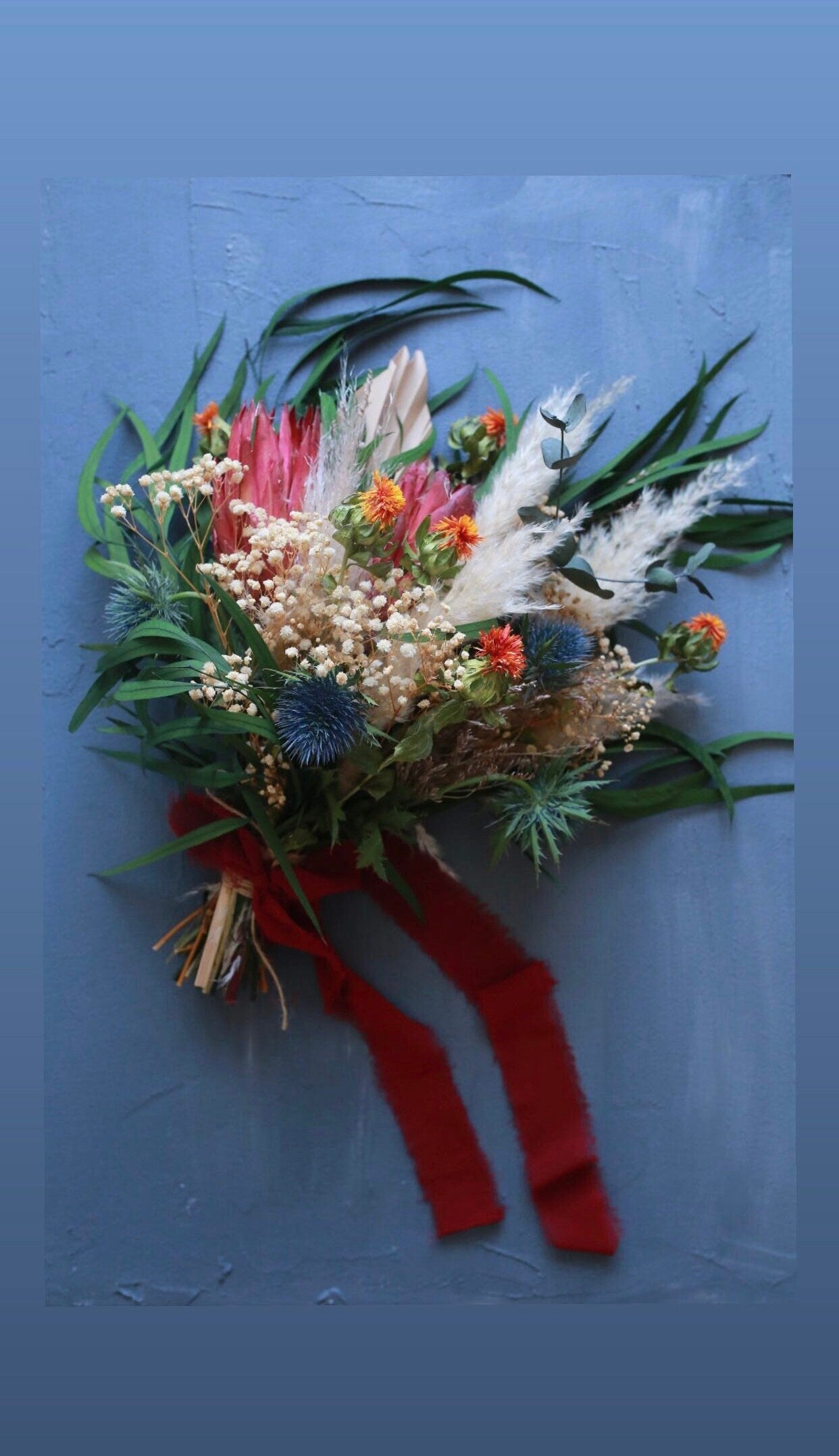 Burgundy and Blue Thistle Orange /Dried Gypsophila Bride Bouquet/ Protea Eucalyptus Wild Wedding Bouquet /Pampas Grass/ Bridesmaids Gift