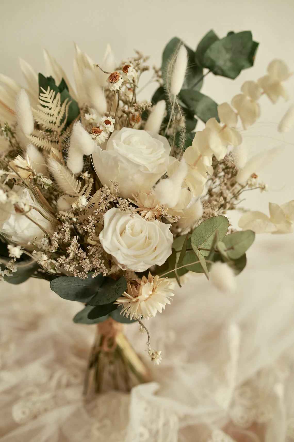 White Preserved Rose Bridal Bouquet / Bridesmaid Ivory& Green Bouquet/ Boho Wedding flowers/Dried Flowers/ Rustic Wedding Flower