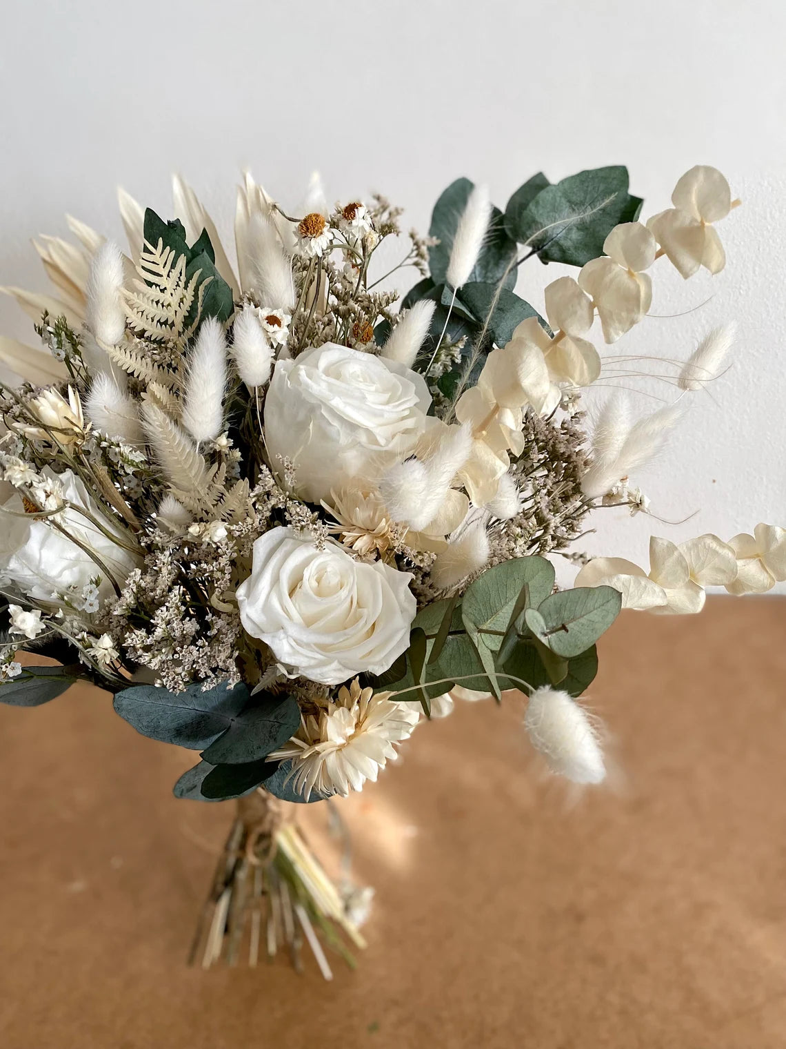 White Preserved Rose Bridal Bouquet / Bridesmaid Ivory& Green Bouquet/ Boho Wedding flowers/Dried Flowers/ Rustic Wedding Flower
