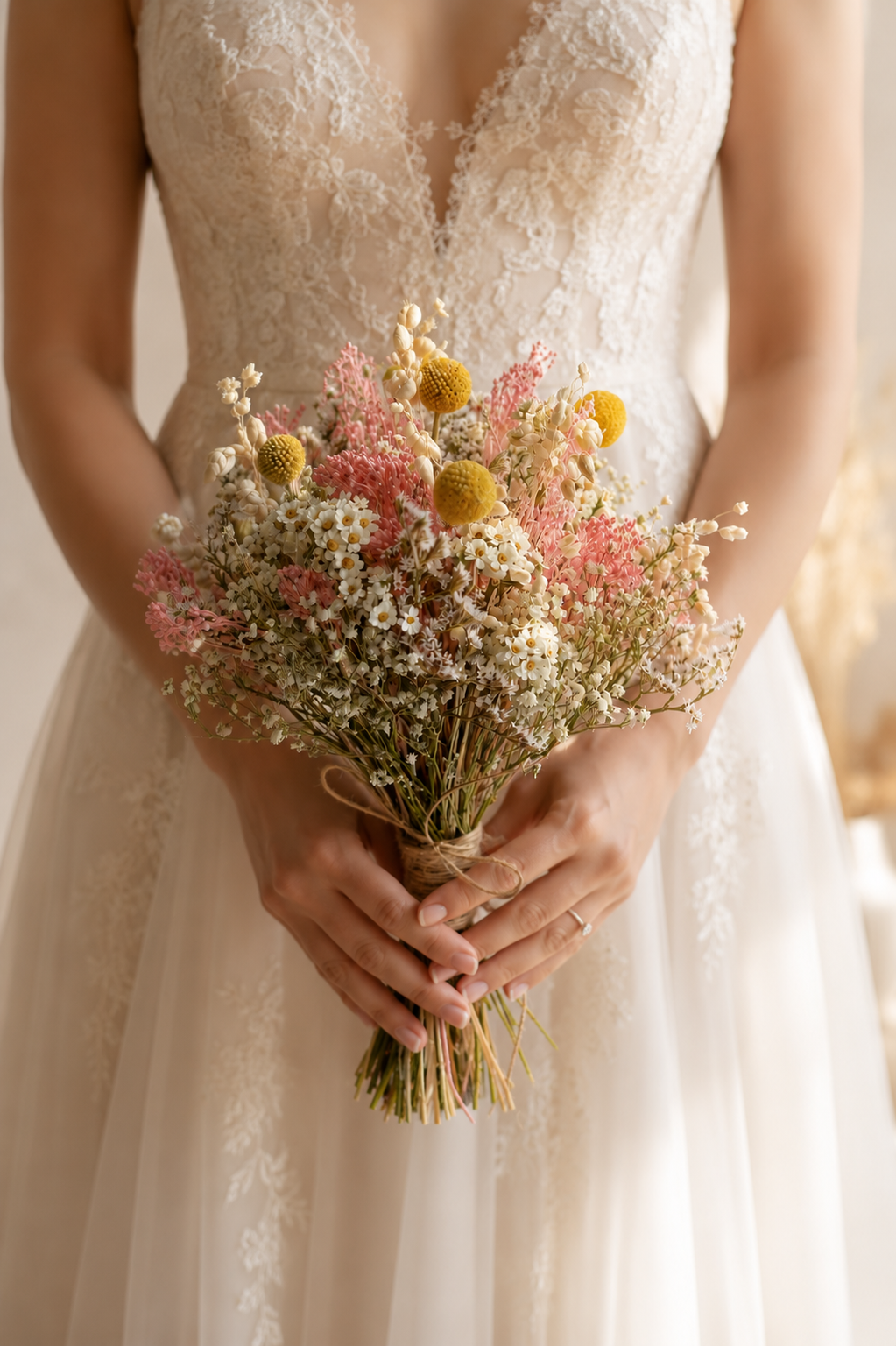 Dusty Pink Meadow Bridal Bouquet and Dried Gypsophila Bouquet