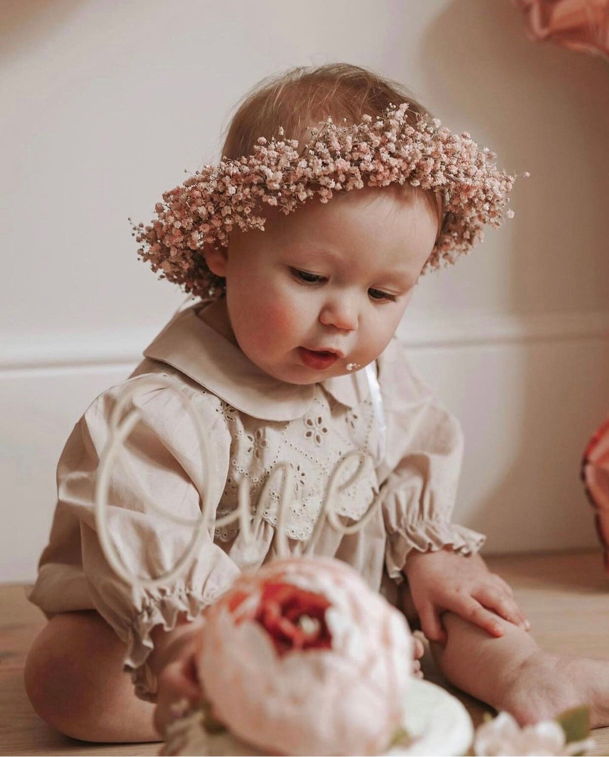 Pink Dried Gypsophila Floral Headband for Newborn