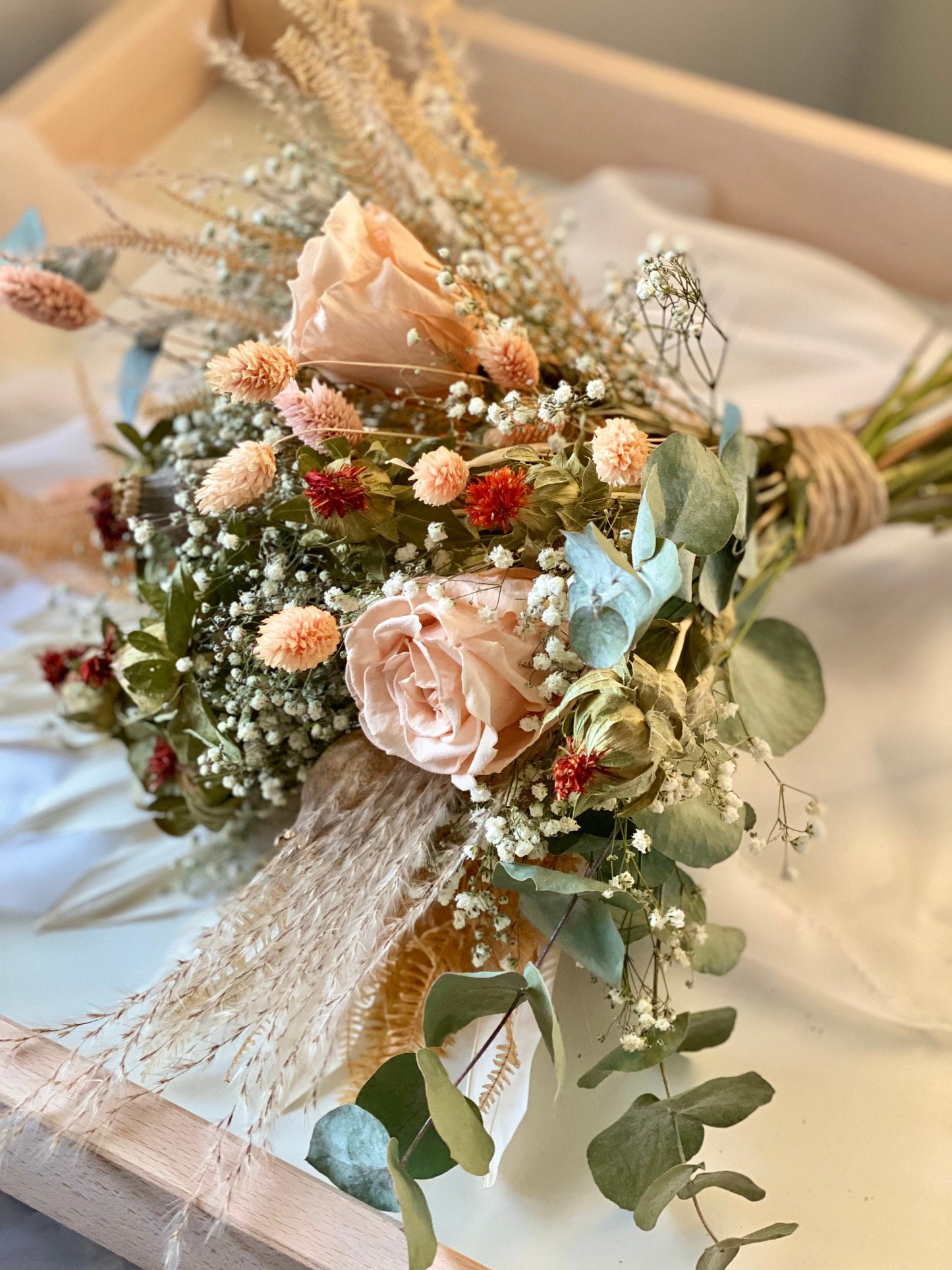 Autumn Terracota Bridal Bouquet/ Gypsophila/Eucalyptus/ Burnt Orange/ Pampas grass/ Preserved Blush Rose / Bridesmaids Gift/ Wedding Flower