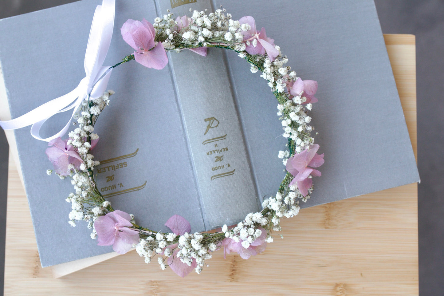 Dried Baby's Breath Bridal Crown/ Lilac Preserved Hydrangea Wreaths for Hair/Bridesmaid Headband/Headpieces for Girls/ Holly communion Halo