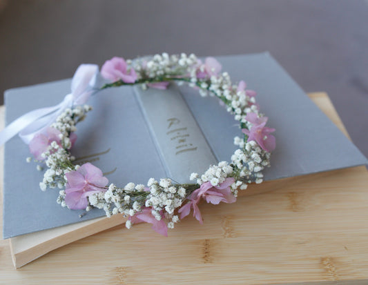 Dried Baby's Breath Bridal Crown/ Lilac Preserved Hydrangea Wreaths for Hair/Bridesmaid Headband/Headpieces for Girls/ Holly communion Halo