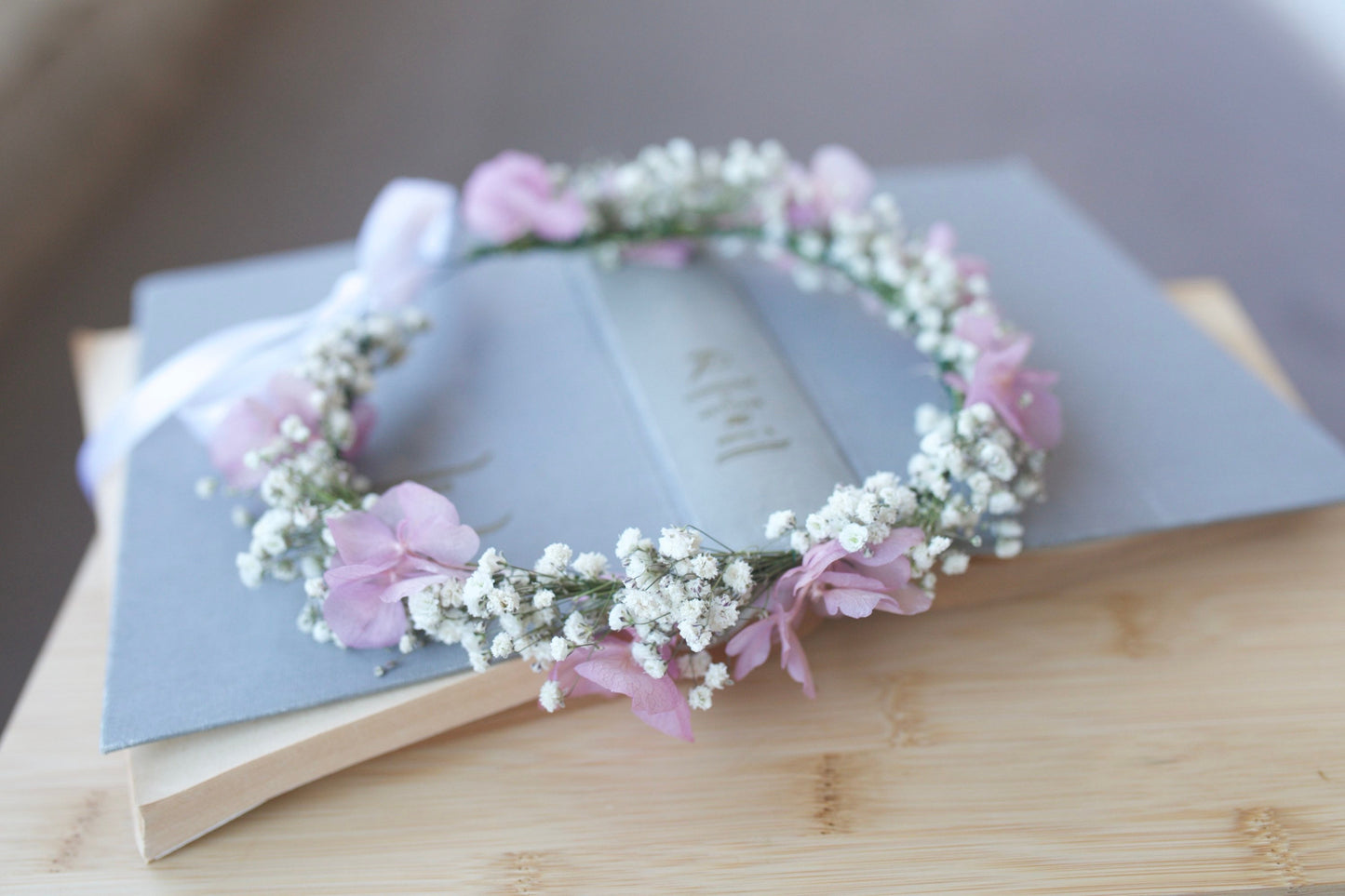 Dried Baby's Breath Bridal Crown/ Lilac Preserved Hydrangea Wreaths for Hair/Bridesmaid Headband/Headpieces for Girls/ Holly communion Halo