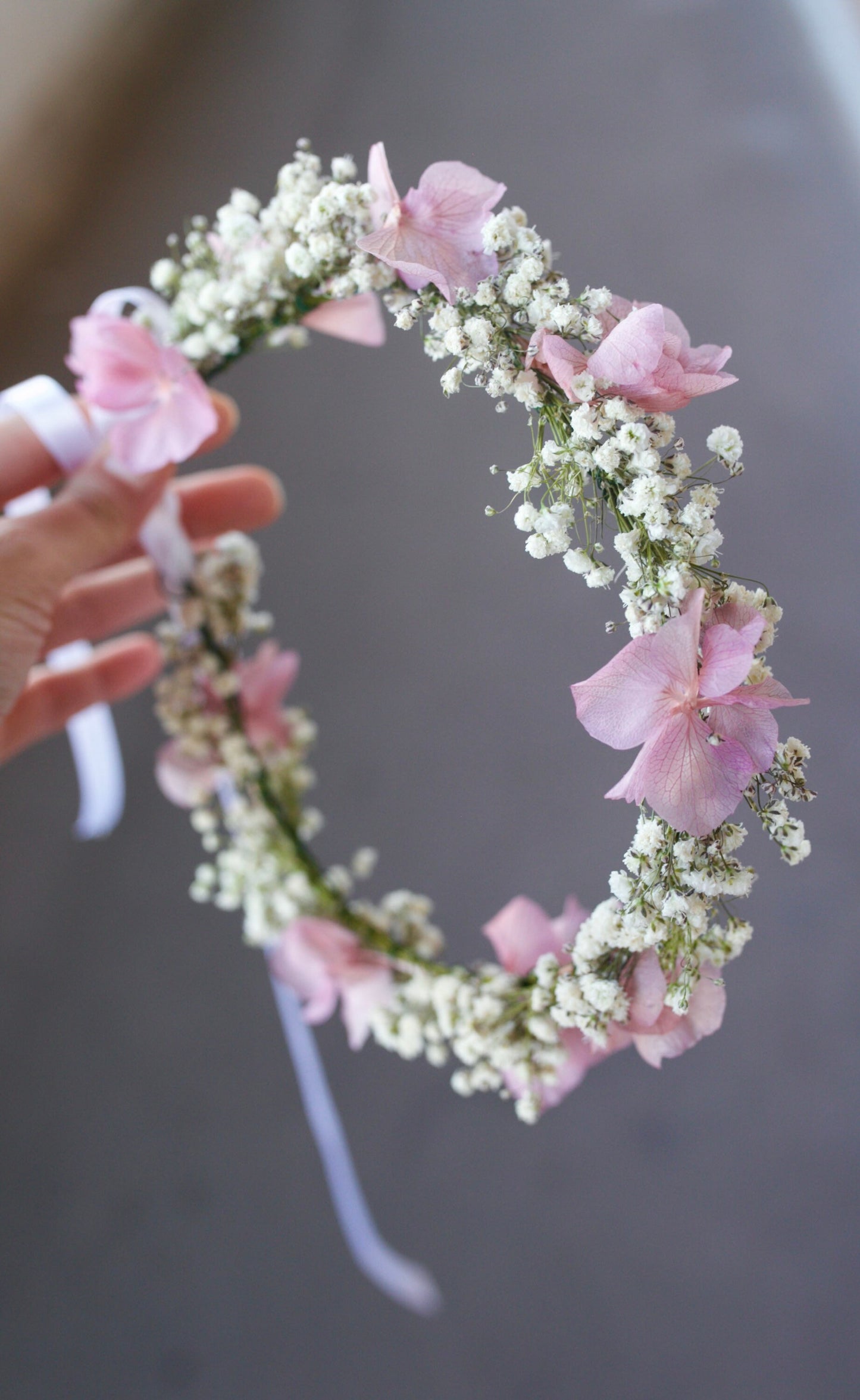 Dried Baby's Breath Bridal Crown/ Lilac Preserved Hydrangea Wreaths for Hair/Bridesmaid Headband/Headpieces for Girls/ Holly communion Halo