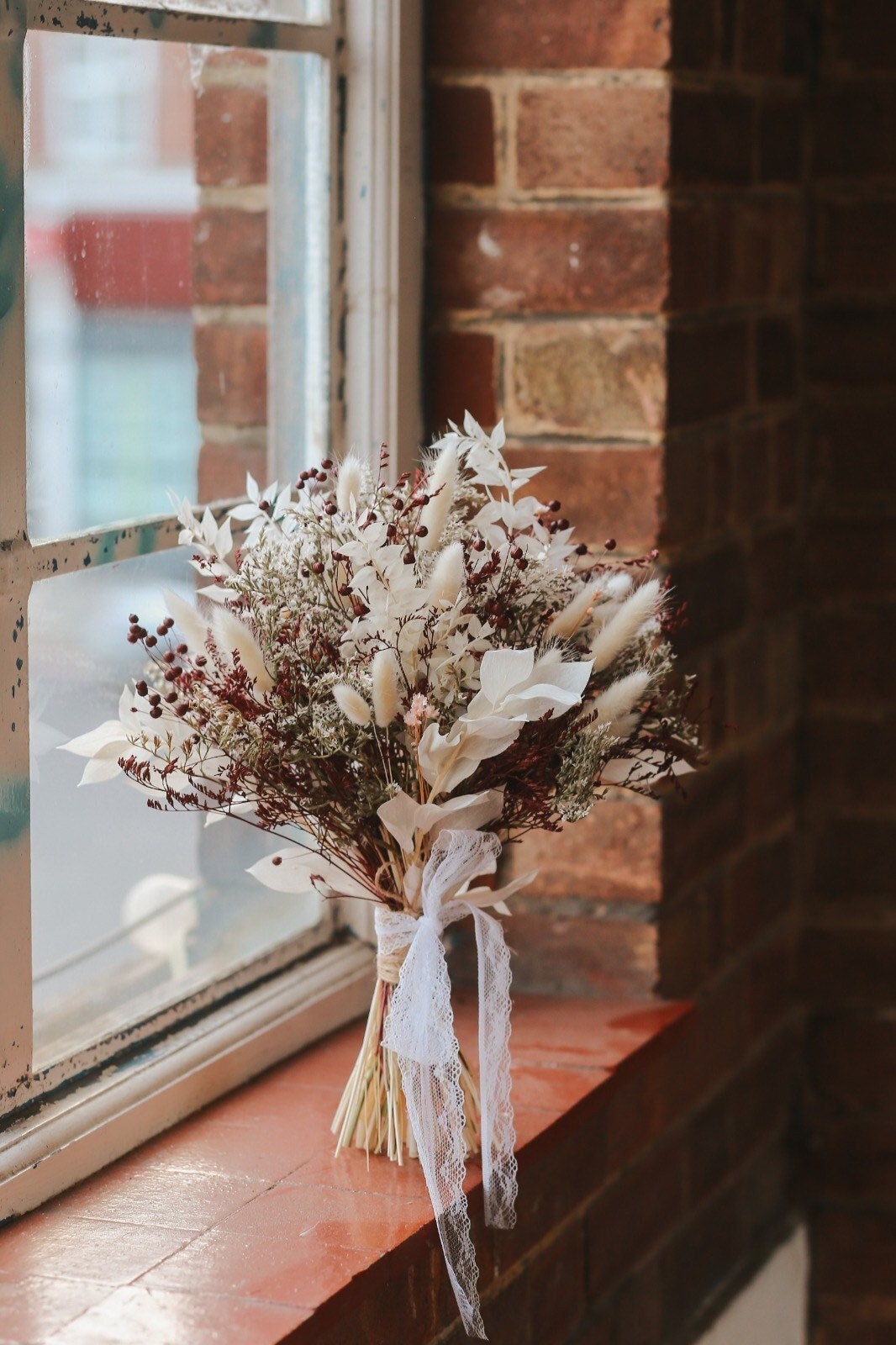 Burgundy Winter Bouquet/ White and Deep Burgundy/ Ruscus  Bridal Bouquet/ Boho Bride /Autumn Fall Flowers/ Rustic Flower/ Dried Flower