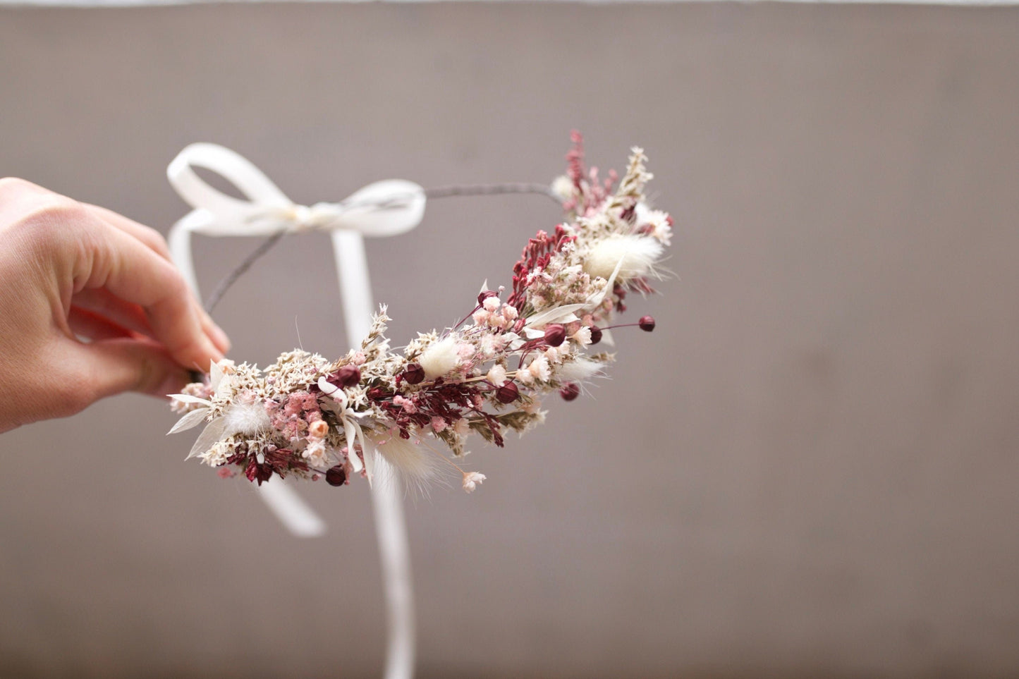 Burgundy Dusty Pink Blush Babies Breath Bohemian Half Crown/  Bridal Rustic Crown/Dried Wildflower Headband/  Maternity Photo-session Prop