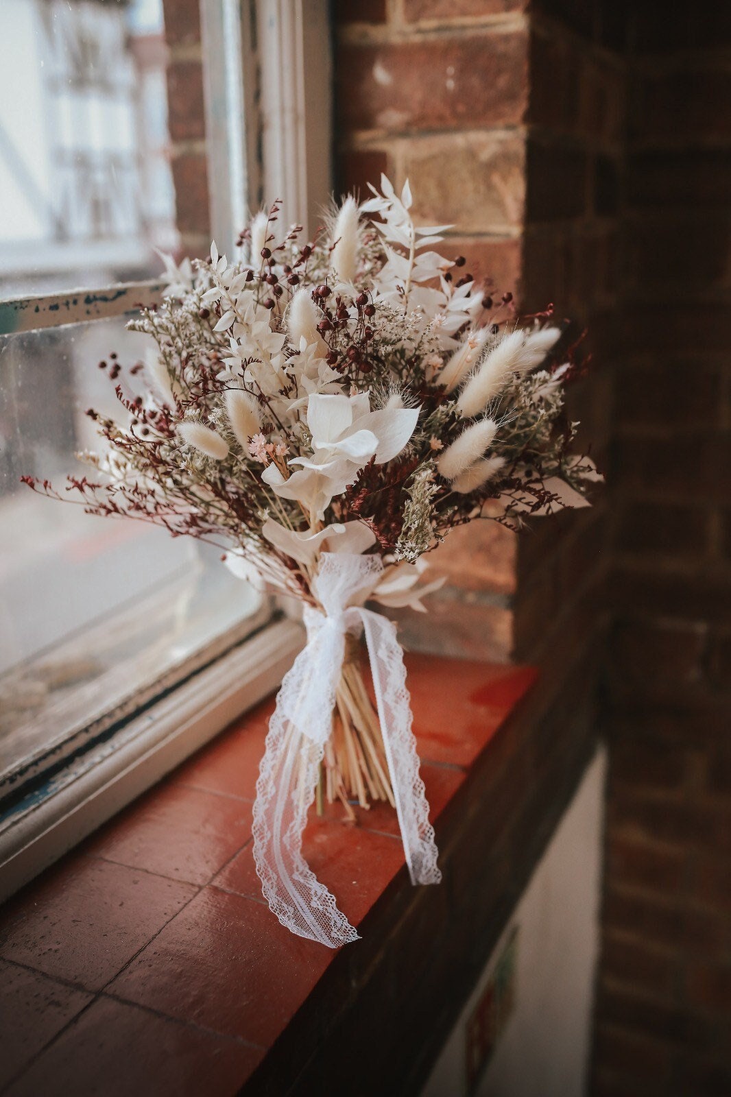 Burgundy Winter Bouquet/ White and Deep Burgundy/ Ruscus  Bridal Bouquet/ Boho Bride /Autumn Fall Flowers/ Rustic Flower/ Dried Flower