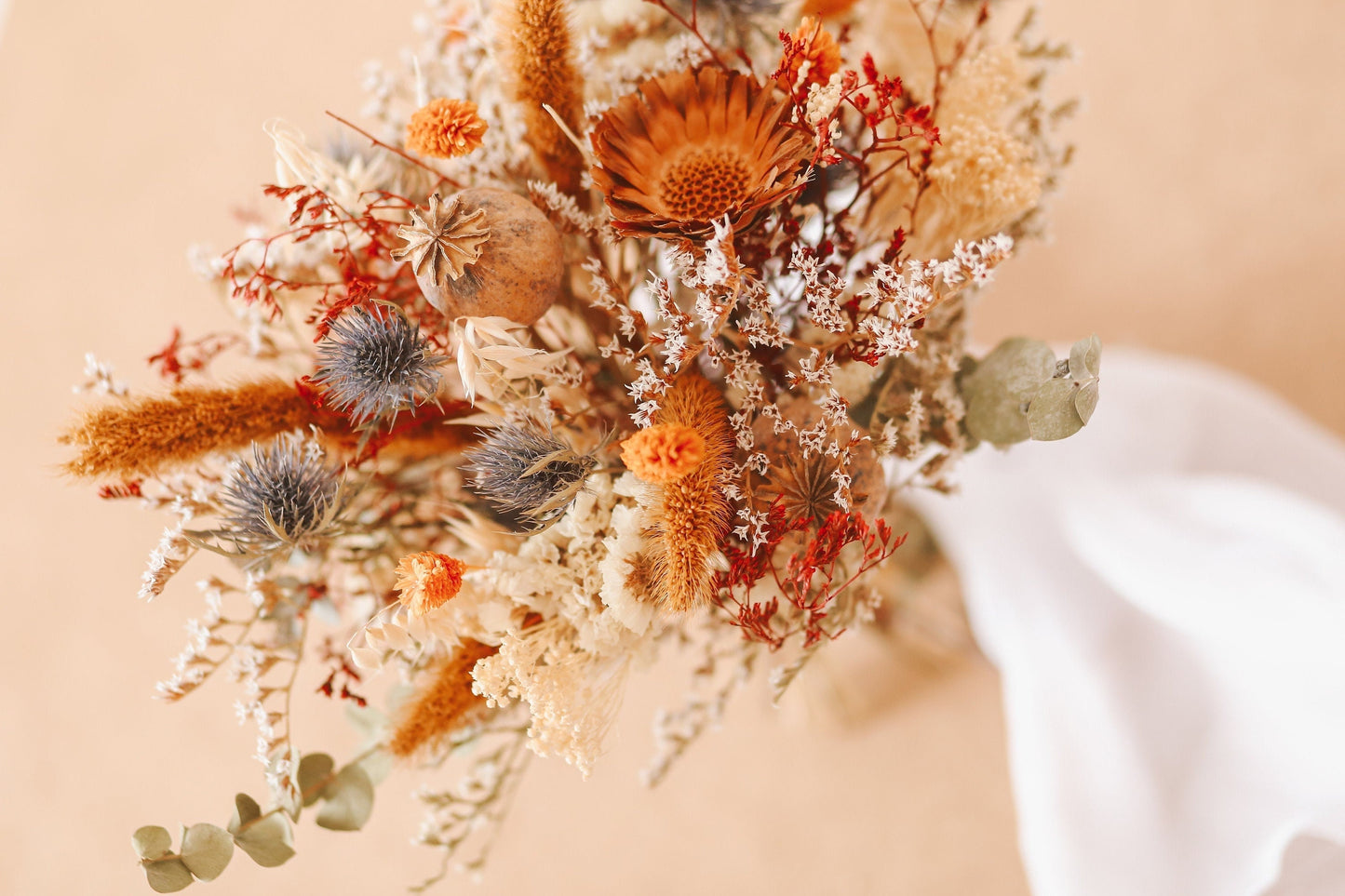 Autumn Burnt Orange and Thistle Bouquet / Dried Bridal Wedding Flower/ Autumn Wedding/ Winter Boho Wedding Flower/Burgundy and Eucalyptus