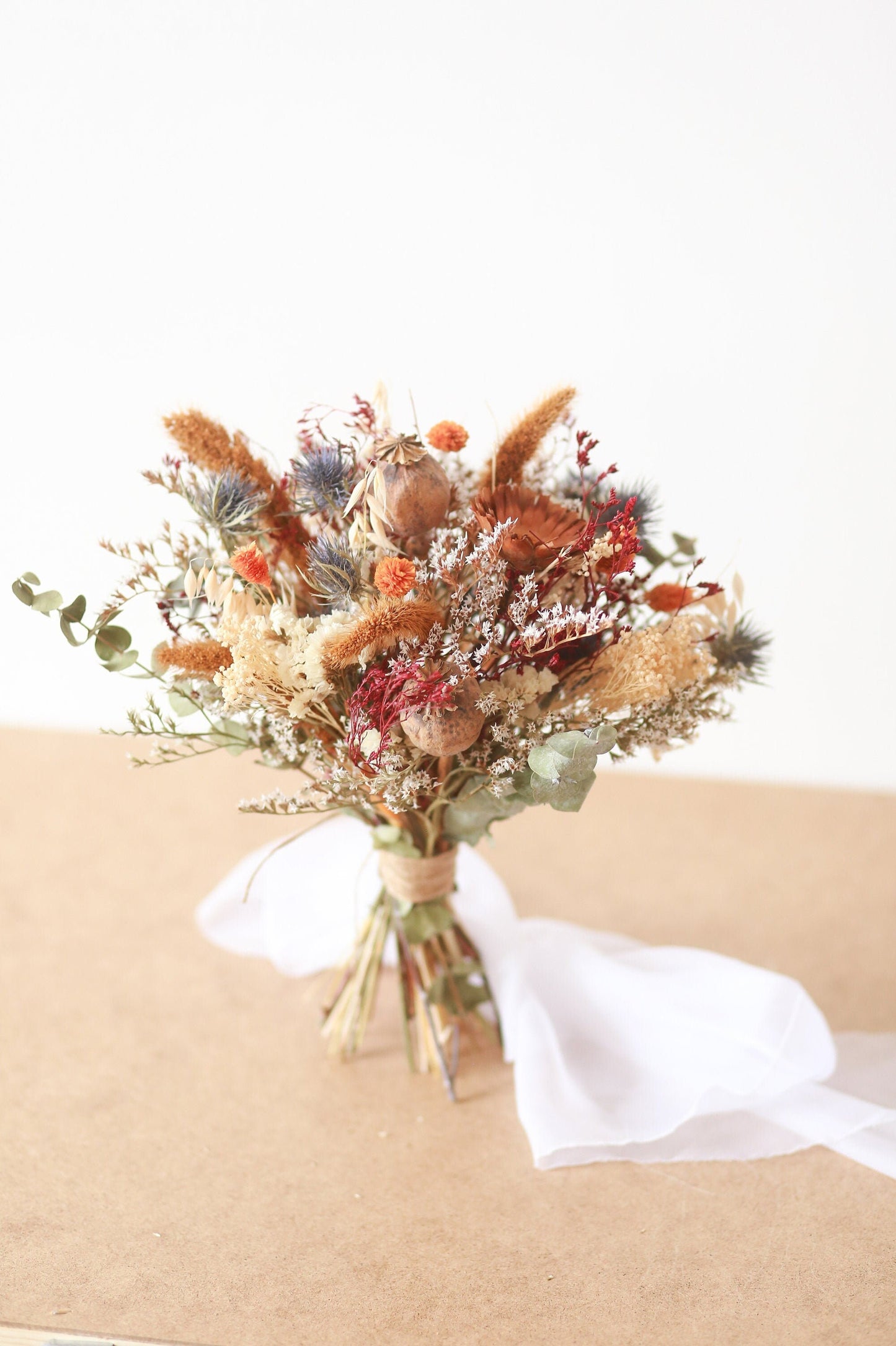 Autumn Burnt Orange and Thistle Bouquet / Dried Bridal Wedding Flower/ Autumn Wedding/ Winter Boho Wedding Flower/Burgundy and Eucalyptus