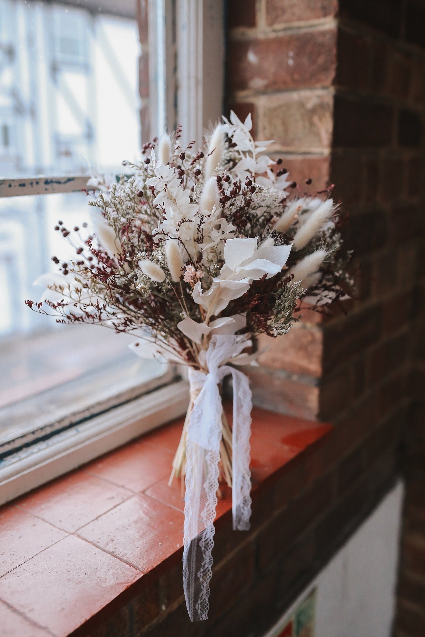 Burgundy Winter Bouquet/ White and Deep Burgundy/ Ruscus  Bridal Bouquet/ Boho Bride /Autumn Fall Flowers/ Rustic Flower/ Dried Flower