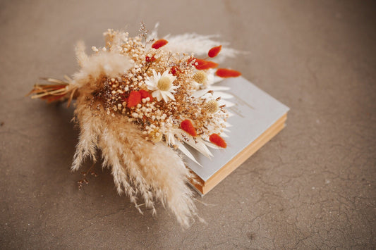 Burnt Orange Wedding Bouquet/ Burnt Orange Dried Flower/ Baby's Breath Flowers / Pampas Grass and Palm Leaves Bouquet/ Burnt Orange Lagurus