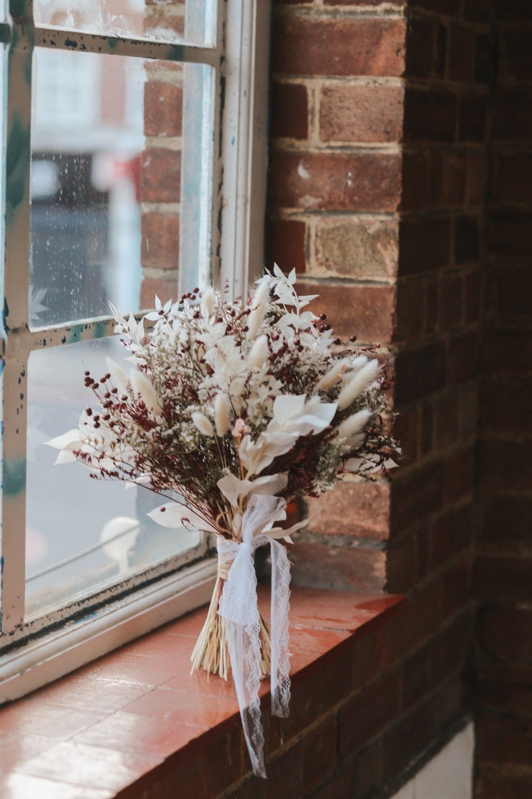 Burgundy Winter Bouquet/ White and Deep Burgundy/ Ruscus  Bridal Bouquet/ Boho Bride /Autumn Fall Flowers/ Rustic Flower/ Dried Flower