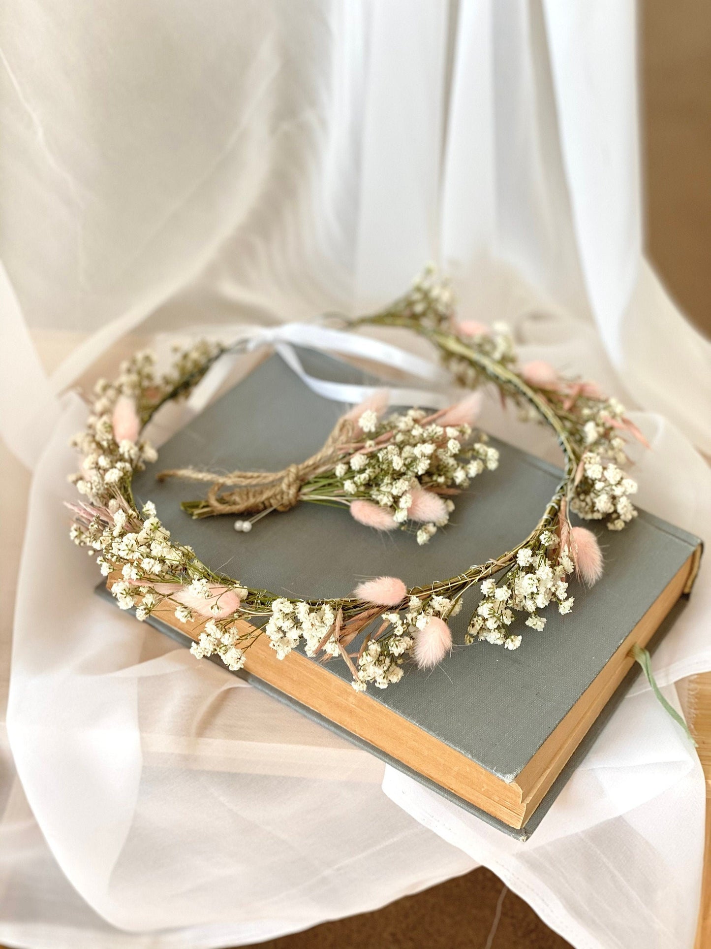 Dried Baby's Breath Bridal Crown/Gypsophila Wreaths for Hair/Pink Bunny Tail/ Bridesmaid Headband/Headpieces for Girls /Flower Hair Pin