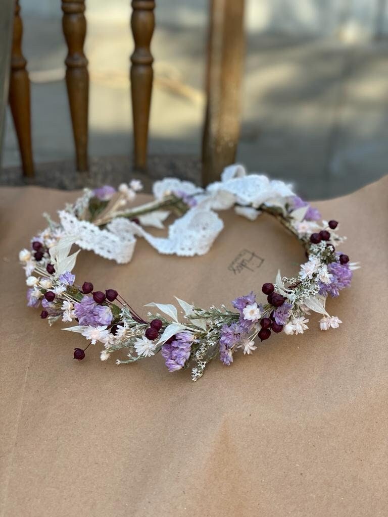 Dried Floral Crown/ / Wedding Crown/ Bridesmaids Crown/Maternity Photo Shooting/Purple Flowers/Hair Accessories