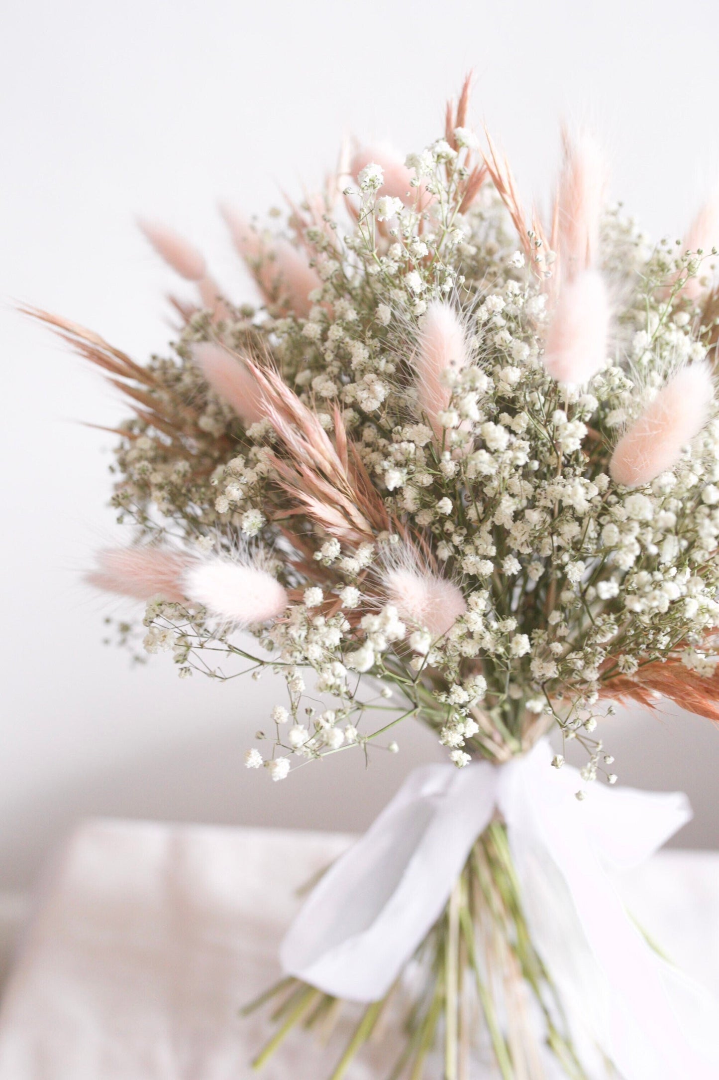 Pink Bunny Tails and Dried Gypsophila Wedding Bouquet