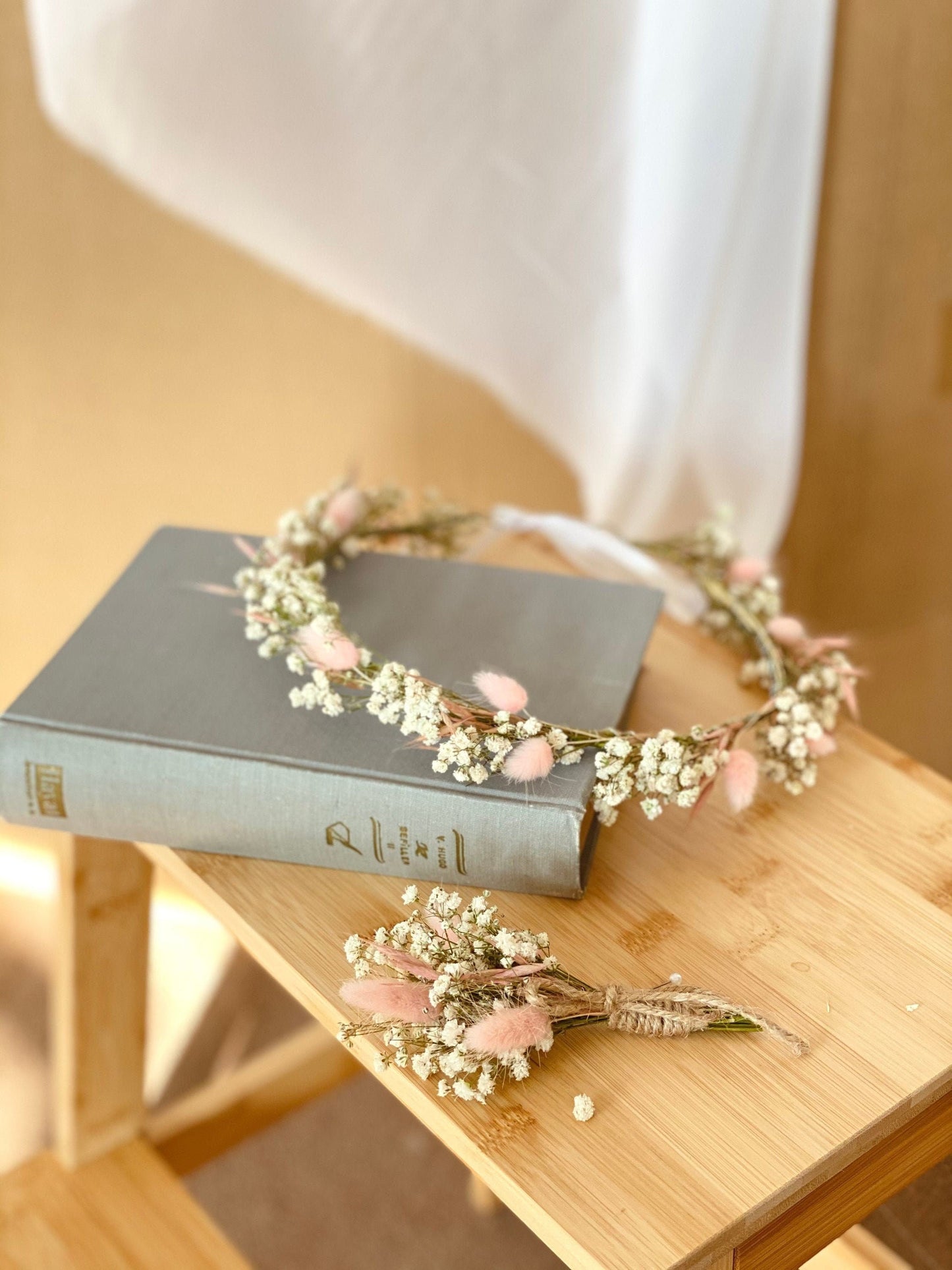 Dried Baby's Breath Bridal Crown/Gypsophila Wreaths for Hair/Pink Bunny Tail/ Bridesmaid Headband/Headpieces for Girls /Flower Hair Pin