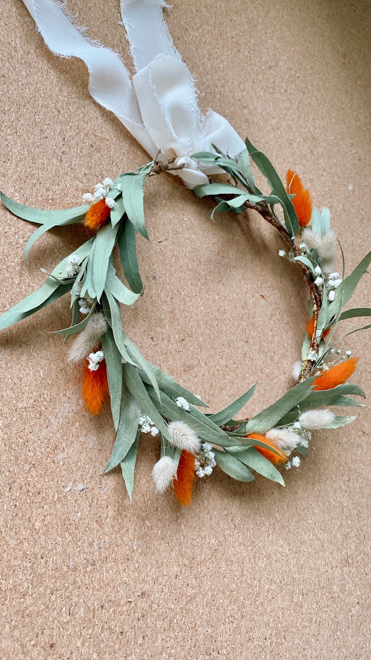 Burnt Orange/ Eucalyptus Wreath for Bride /Bridesmaids/ Flower Girls / Rustic Wedding Flower/ Babys  Breath Hair Crown / Floral Head Pieces