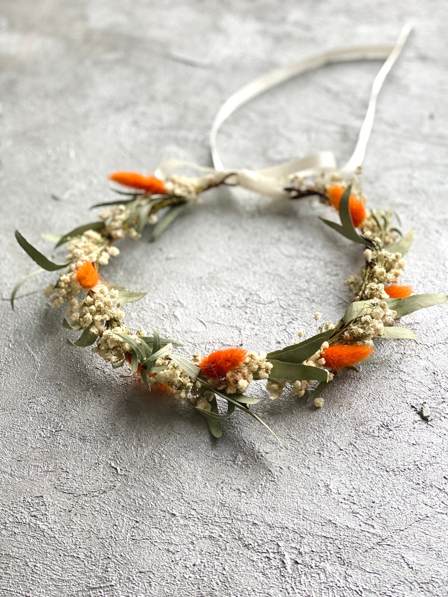 Burnt Orange Wreath for Bride /Bridesmaids/ Flower Girls / Rustic Wedding Flower/ Babys  Breath Hair Crown / Floral Head Pieces