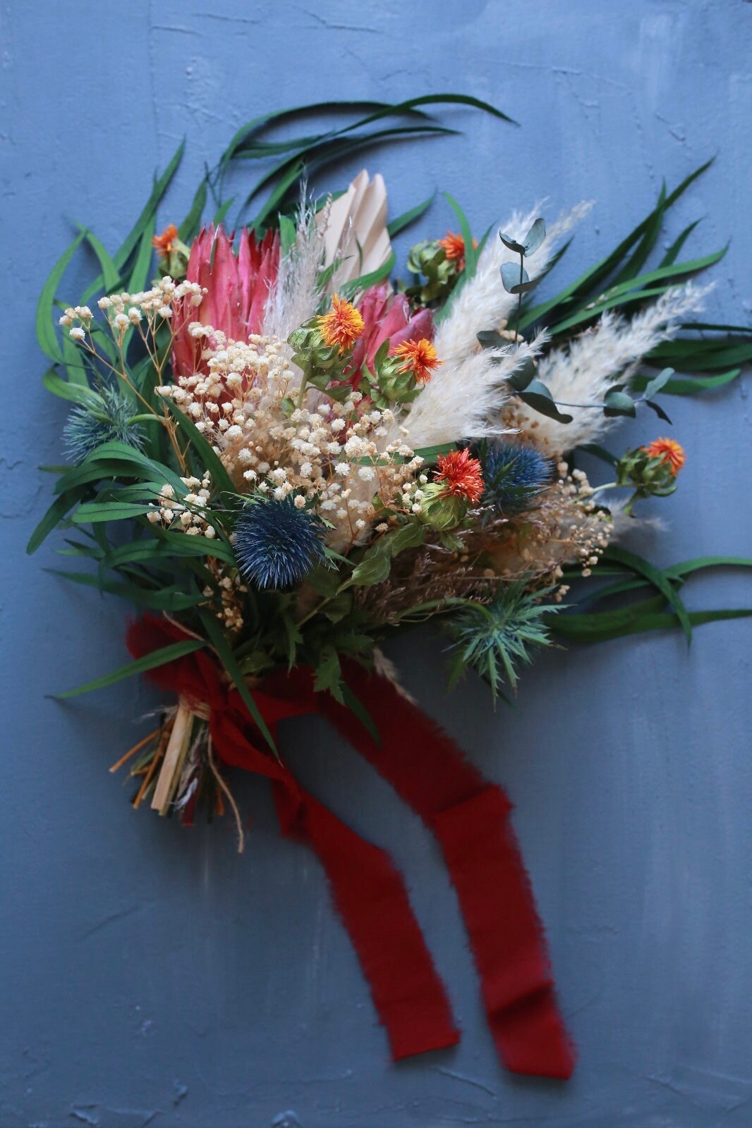 Burgundy and Blue Thistle Orange /Dried Gypsophila Bride Bouquet/ Protea Eucalyptus Wild Wedding Bouquet /Pampas Grass/ Bridesmaids Gift