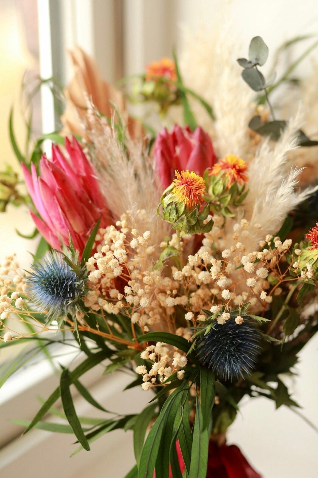 Burgundy and Blue Thistle Orange /Dried Gypsophila Bride Bouquet/ Protea Eucalyptus Wild Wedding Bouquet /Pampas Grass/ Bridesmaids Gift