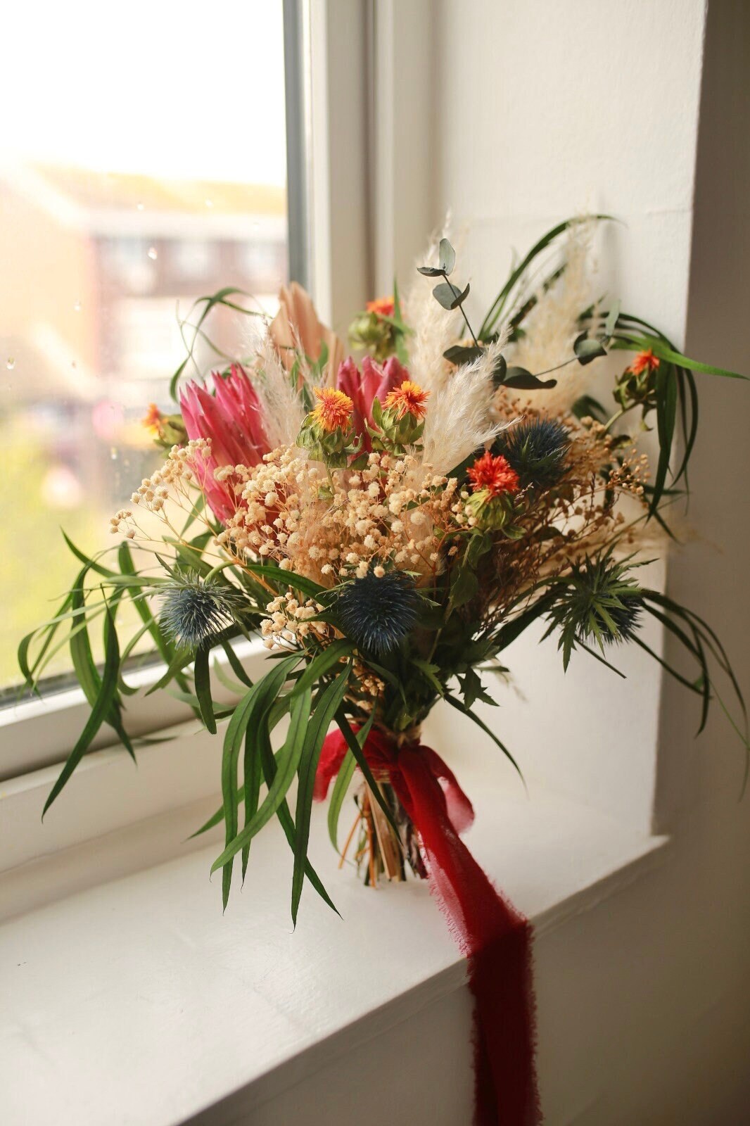 Burgundy and Blue Thistle Orange /Dried Gypsophila Bride Bouquet/ Protea Eucalyptus Wild Wedding Bouquet /Pampas Grass/ Bridesmaids Gift