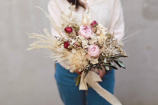 Preserved Pink Peony and Olive leaves Bridal Bouquet