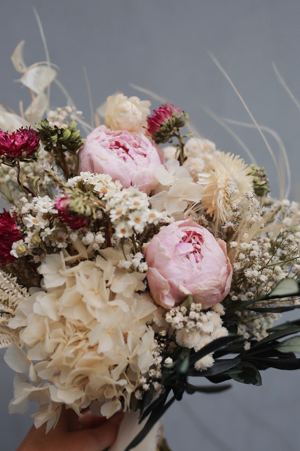 Preserved Pink Peony and Olive leaves Bridal Bouquet