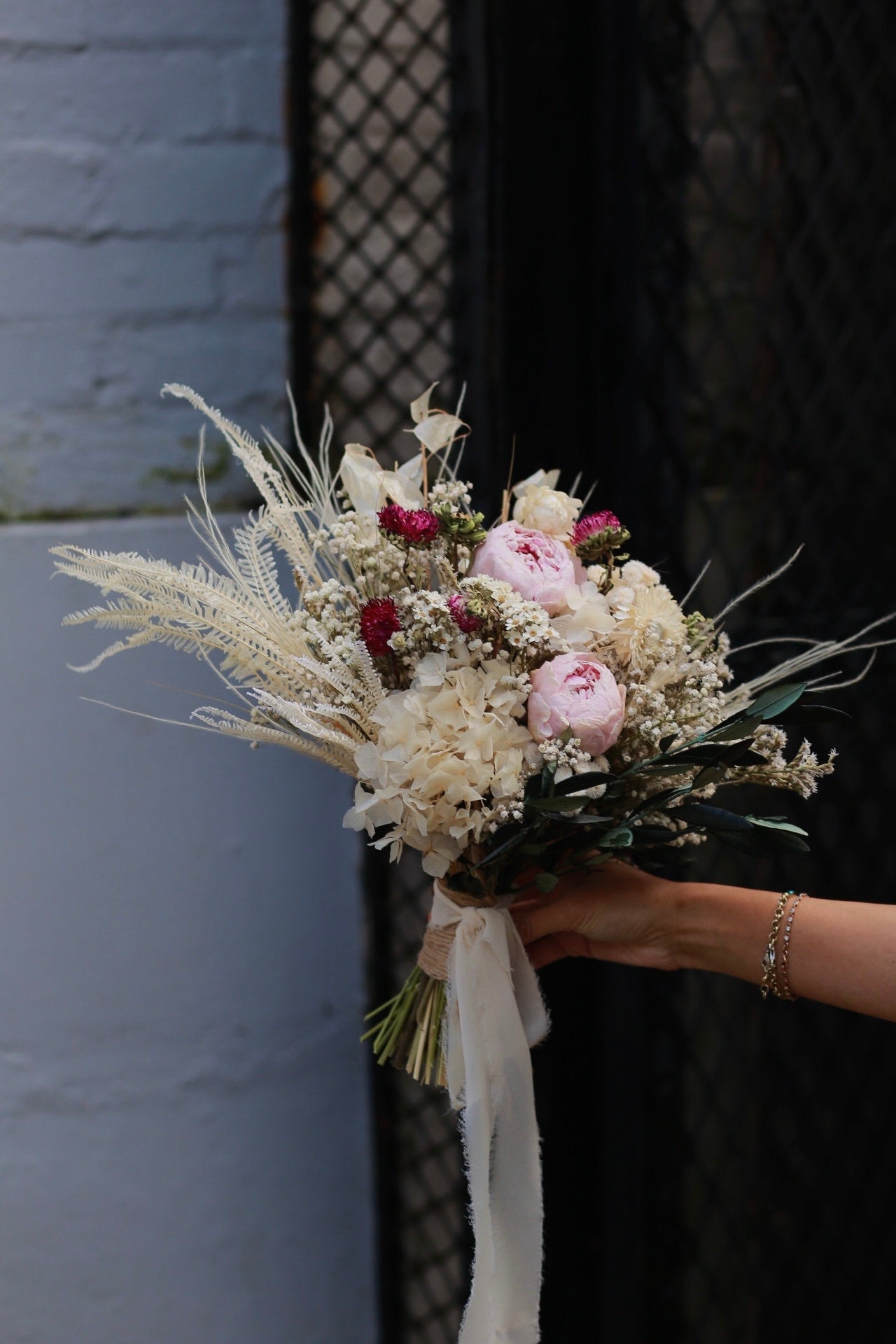 Preserved Pink Peony and Olive leaves Bridal Bouquet