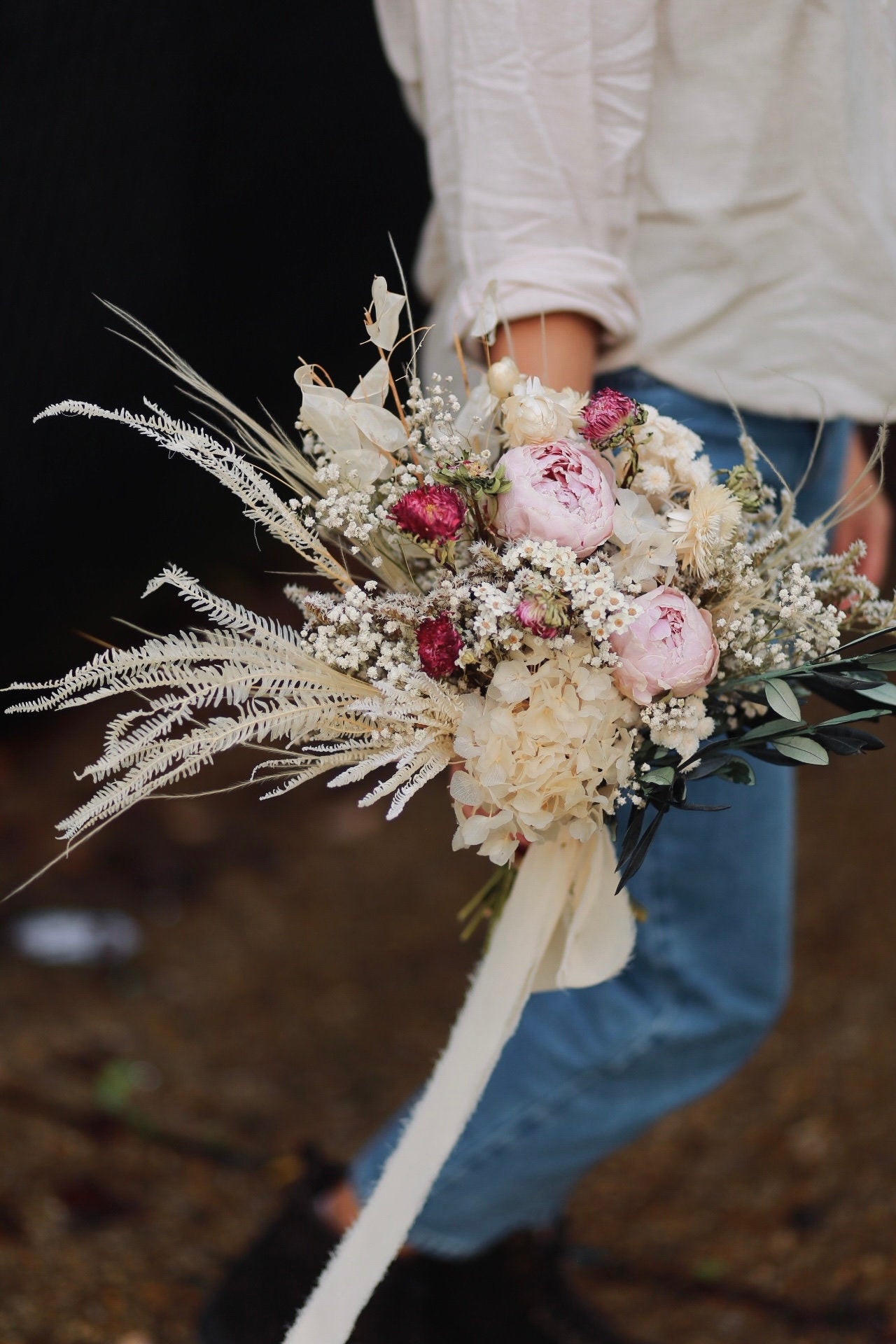 Preserved Pink Peony and Olive leaves Bridal Bouquet