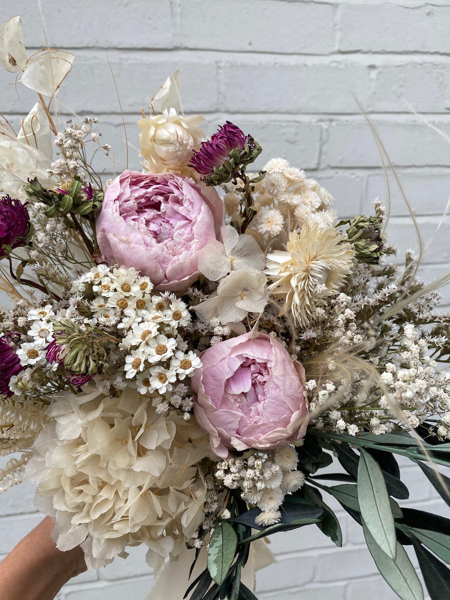 Preserved Pink Peony and Olive leaves Bridal Bouquet